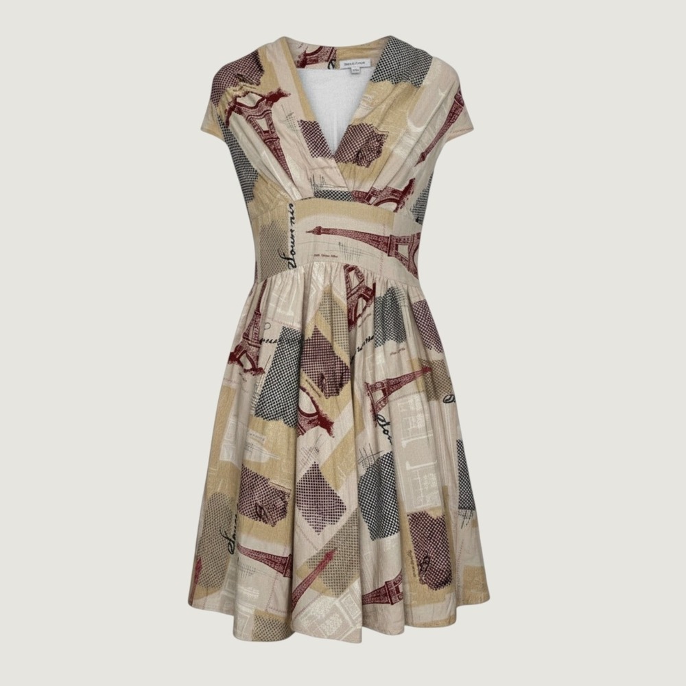 Retrolicious Modcloth Paris Retro Greta Dress Cotton Large Beige Eiffel Tower